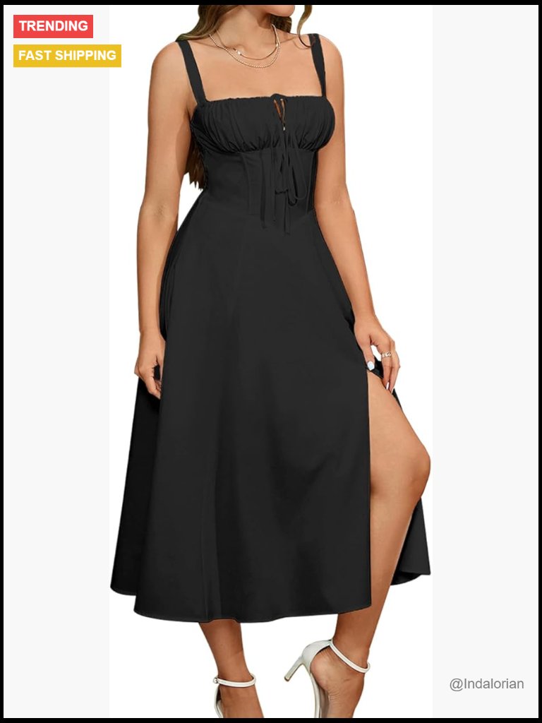 Flowy Corset Midi Dress With Slit Lace Up Back A Line Sundress